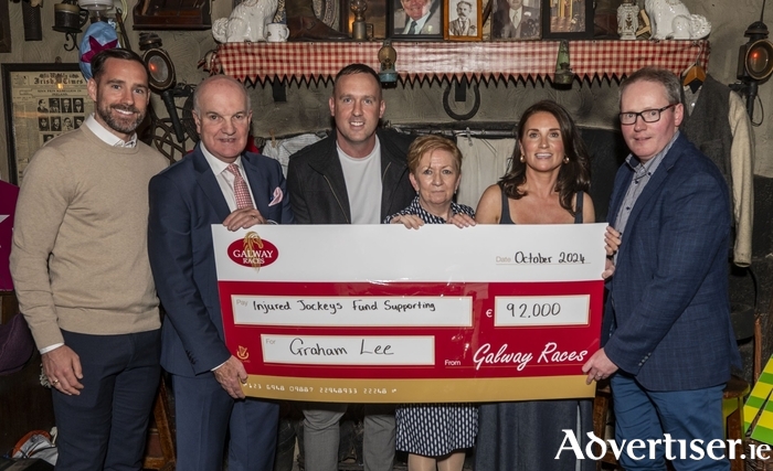 Galway United's Greg Cunningham, Anthony Ryan Chairman of Galway Racecourse, Stephen Cunningham, May Lee (Graham's Mum), Sinéad Cassidy and Michael Moloney, Galway Racecourse.  Photographer Murt Fahy 