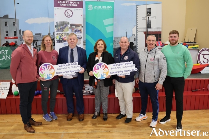 Pictured at the launch of the Ballinasloe Community Sports Hub (left to right) Andrew Mc Bride and Loraine Treacy (Galway Sports Partnership), Cllr Michael Connolly and Cllr Evelyn Parsons (Galway County Council), Jason Craughwell and Tommy Peoples (Galway Sports Partnership) and Ciarán Cafferkey (Sport Ireland). Credit Gerry Stronge Photography.