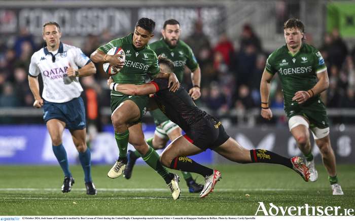 Josh Ioane of Connacht is tackled by Ben Carson of Ulster during the United Rugby Championship match between Ulster v Connacht at Kingspan Stadium in Belfast. Photo by Ramsey Cardy/Sportsfile