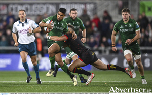 Josh Ioane of Connacht is tackled by Ben Carson of Ulster during the United Rugby Championship match between Ulster v Connacht at Kingspan Stadium in Belfast. Photo by Ramsey Cardy/Sportsfile