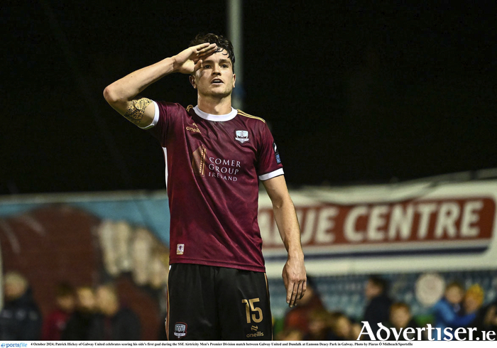 Patrick Hickey of Galway United celebrates scoring his side's first goal during the SSE Airtricity Men's Premier Division match between Galway United and Dundalk at Eamonn Deacy Park in Galway. Photo by Piaras Mdheach/Sportsfile