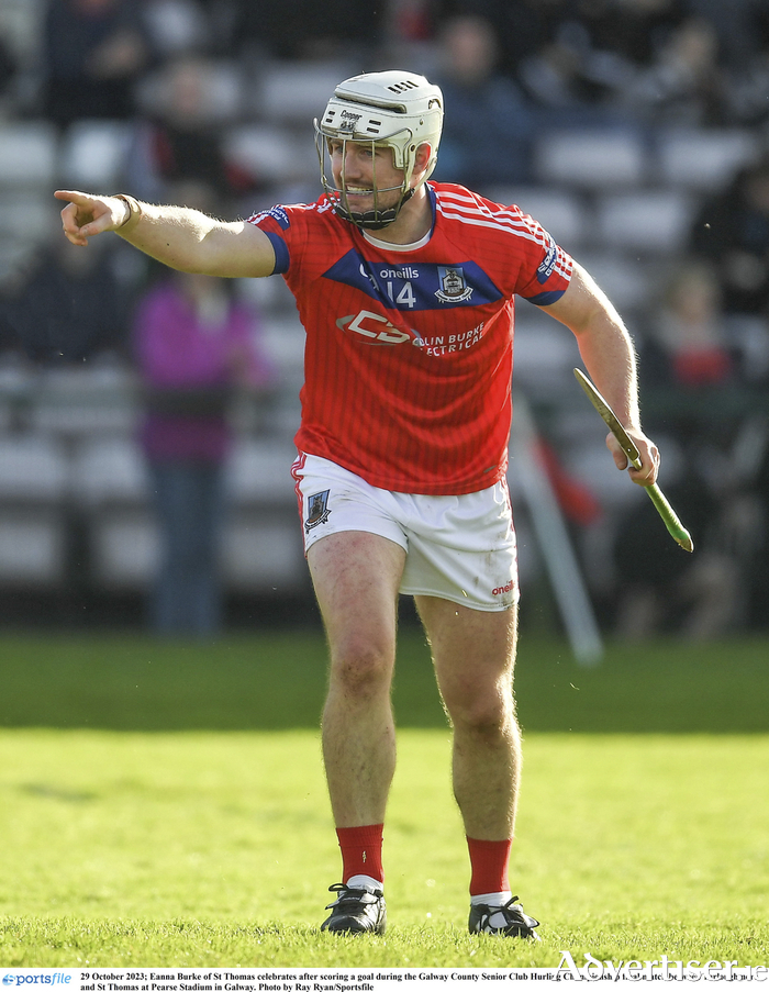 Eanna Burke of St Thomas celebrates after scoring a goal during the Galway County Senior Club Hurling Championship final match between Turloughmore and St Thomas at Pearse Stadium in Galway. 
Photo by Ray Ryan/Sportsfile