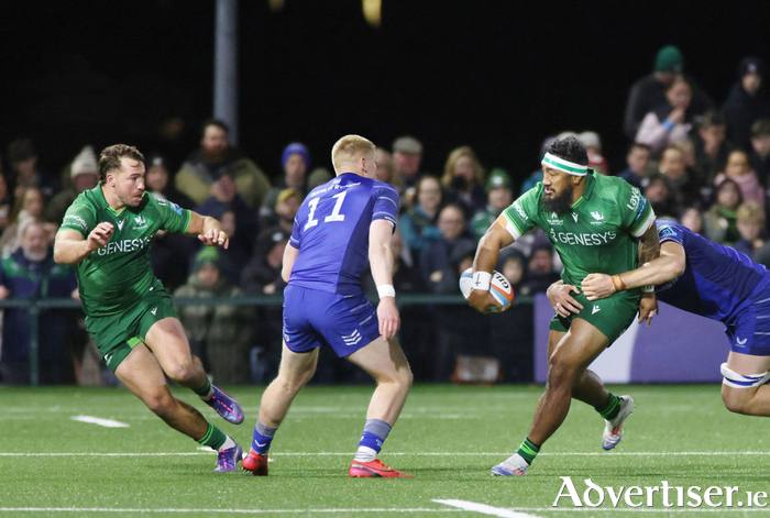 Connacht's Bundee Aki and Shayne Bolton against Leinster's Andrew Osborne in action from the BKT United Rugby Championship at Dexcom Stadium on Saturday. Photo: Mike Shaughnessy