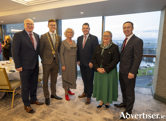 
L-R: Liam Conneally, Galway County Council CEO; Cathaoirleach of County Galway, Cllr Albert Dolan; Deirdre MacLoughlin, Galway Chamber interim chief executive; Mayor of Galway City, Cllr Peter Keane; Cáit Noone, President of Galway Chamber; Leonard Cleary, Galway City Council CEO, at the Galmont Hotel  (Photo: Andrew Downes)