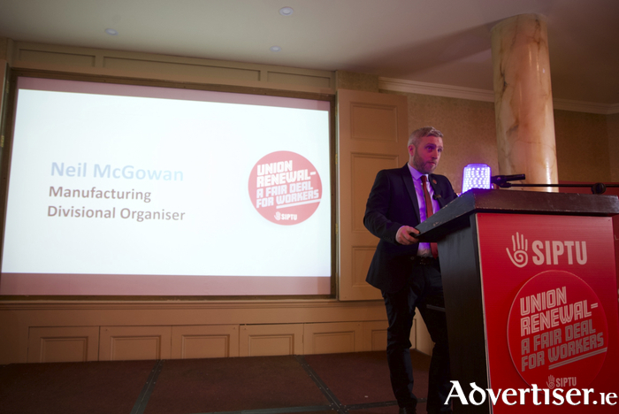 SIPTU Manufacturing Divisional Organiser, Neil McGowan, addresses the SIPTU Manufacturing Division Biennial Delegate Conference, in the Galway Bay Hotel.