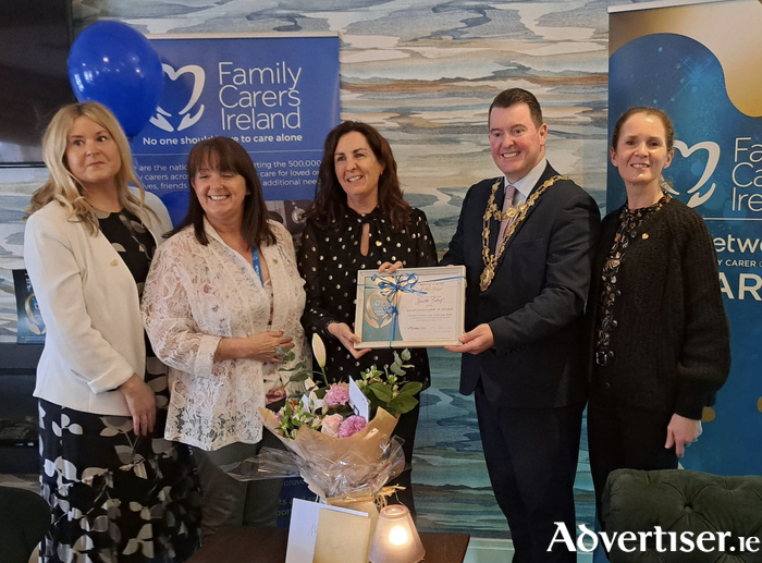 (L-R) Michelle Harrison, HSE; Michelle Moriarty, Family Carers Ireland; Maura Fahy; Mayor of Galway City, Cllr Peter Keane; Bébhinn Kelly, HSE.