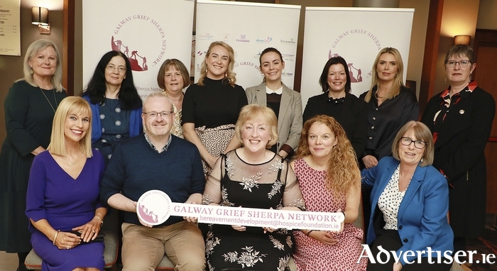 At the official launch of Galway Grief Sherpa Network, from left: Albert Dolan, Cathaoirleach of Galway County Council; Fiona Byrne, GGSN Network and Rainbows Galway; Aine Deely GGSN Project team member and HopeSpace Representative; Vivian Roche-Fahy, Chair of GGSN, Project Team Lead, Bereavement Liaison Officer at GUH, Phil Grealish, sponsor, St. Columbus Credit Union Mervue; Anne Mc Keown, GGSN Project team member, End of Life Co-Ordinator GUH; and Peter Keane, Mayor of Galway City.