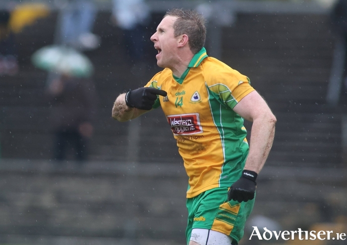 Gary Sice celebrates scoring a goal for Corofin in action from the GAA Galway Senior Football Final against Maigh Cuilinn at Tuam Stadium. Photo: Mike Shaughnessy