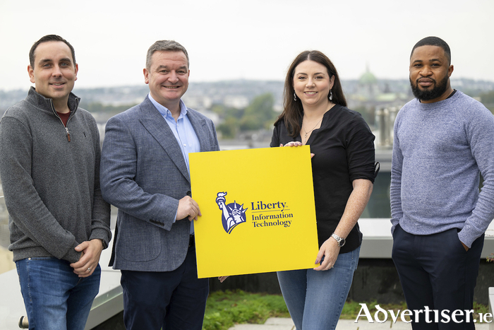 Liberty IT’s Aidan Gormally, Senior Software Engineer; Tony Marron, Managing Director; Nicola Moroney, Product Owner and Solomon Idemudia, Senior Operations Support Engineer are pictured as the industry leader in digital innovation announces that it is set to open a new 8,600 sq ft office in Bonham Quay in Galway in Spring 2025 as part of the company’s ambitious growth plans.
