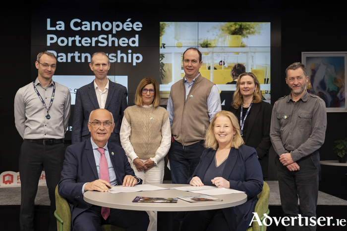 (Back row from L to R): Renaud Delbru (Siren), John Breslin (PorterShed), Claire Rivenc (Gradignan Council), David Stafford (Siren), Rachel Kavanagh (Siren), David Cetran (Gradignan) (Front row from L to R): Mayor Michel Labardin (Gradignan Council) and Mary Rodgers (PorterShed)