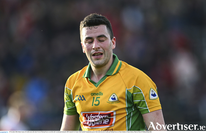 Dylan Canney of Corofin reacts after Jack Nevin of Pádraig Pearses scored his side's second goal during the AIB Connacht GAA Senior Club Football Championship quarter-final match between Corofin and Pádraig Pearses at Tuam Stadium in Tuam, Galway. Photo by Piaras Ó Mídheach/Sportsfile