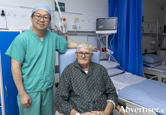 Professor Alan Soo, Consultant Cardiothoracic Surgeon at University Hospital Galway with patient Noel O’Brien of Tynagh in County Galway. Noel was the first patient to undergo the Avalus Ultra valve implant surgery on 22 October at University Hospital Galway.