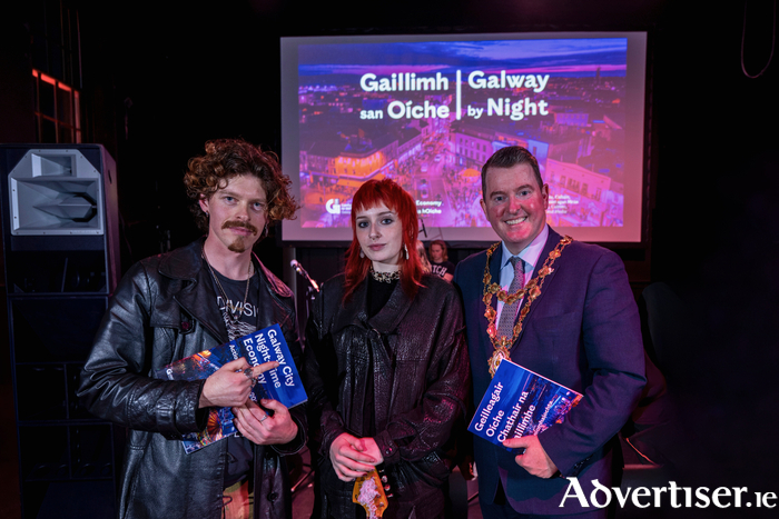 Members of Adore, Naoise Jordan Cavanagh and Lara Minchin, with Mayor Peter Keane at the launch of the Galway City Nighttime Economy Action Plan. The comprehensive project is designed to enhance the city's offerings after 6pm, recognising the vital role a thriving night-time economy plays in the city's economic growth, cultural vibrancy, and social well-being. 