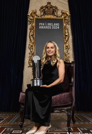 Julie-Ann Russell of Galway United with the PFA Ireland Women&#039;s Player of the Year 2024 award during the PFA Ireland Awards 2024 at The College Green Hotel in Dublin. Photo by Stephen McCarthy/Sportsfile 