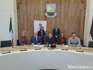 Pictured at the contract signing for the Active Travel scheme planned for Athenry; Back L-R Galway County Council?s Rachel Lowe (Senior Engineer) and Uinsinn Finn (Director of Services); Front L-R Front L-R Kasia Garvey (Project Manager), Liam Conneally (Chief Executive. Galway County Council), Cllr. Ollie Turner (Leas Cathaoirleach of the County of Galway); and Arantxa Martinez-Peral and Alan Milton (Systra Ltd). Credit Galway County Council.