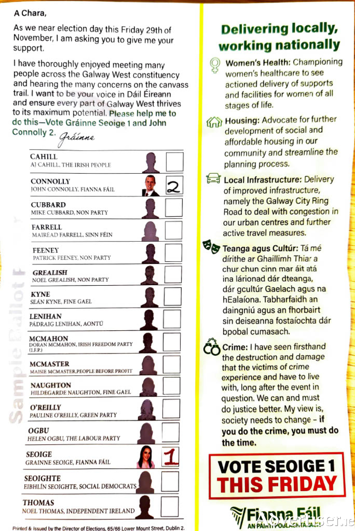 Gráinne Seoige's mock ballot omits an option for Catherine Connolly TD