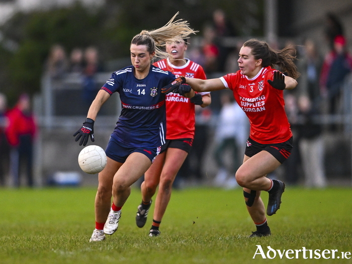 Ailish Morrissey of Kilkerrin-Clonberne is tackled by Clodagh McCambridge of Clann ?ireann during the AIB LGFA All-Ireland Senior Club Championship semi-final match between Clann Eireann of Armagh and Kilkerrin Clonberne of Galway at Clann ?ireann GAA Club in Lurgan, Armagh. Photo by Shauna Clinton/Sportsfile 