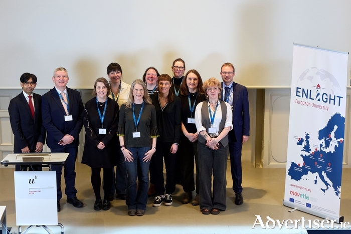 University of Galway ENLIGHT delegation at University of Bern (left to right) Namus Cader, SU International Officer; Interim President of University of Galway Professor Peter McHugh; Pamela Devins, Head of ENLIGHT at University of Galway; Kathryn Kozaritis, Global Galway - University of Galway; Emma Goode, MicroCreds Project Lead; Suzanne Bradish; Michelle O'Dowd Lohan; Aisling Hanrahan, ENLIGHT Engagement Manager; Louise Hannon; Izzy Tiernan, ENLIGHT Student Network; Murray Scott, Vice-Dean International, College of Business, Public Policy & Law. 