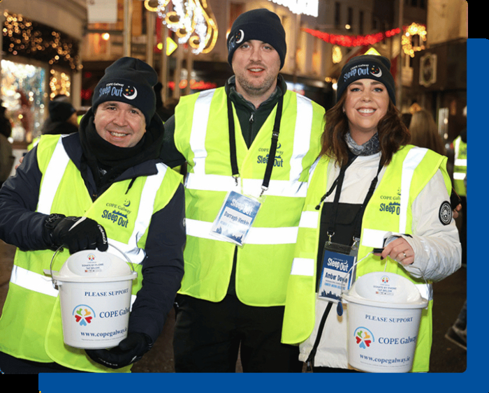 Participants of COPE Galway's 2023 Sleep Out raising funds on Shop St. 