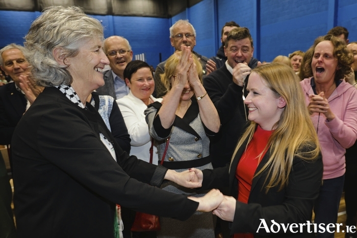 Catherine Connolly (Independent) and Mairead Farrell ( Sinn Féin)  congratulate each other after being elected to The Galway West Constituency on Sunday night. Photo: Mike Shaughnessy 