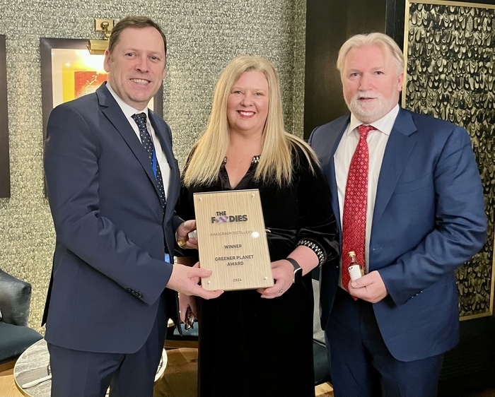 Barry Cowen MEP with Ahascragh Distillery's founders Michelle and Gareth McAllister.
