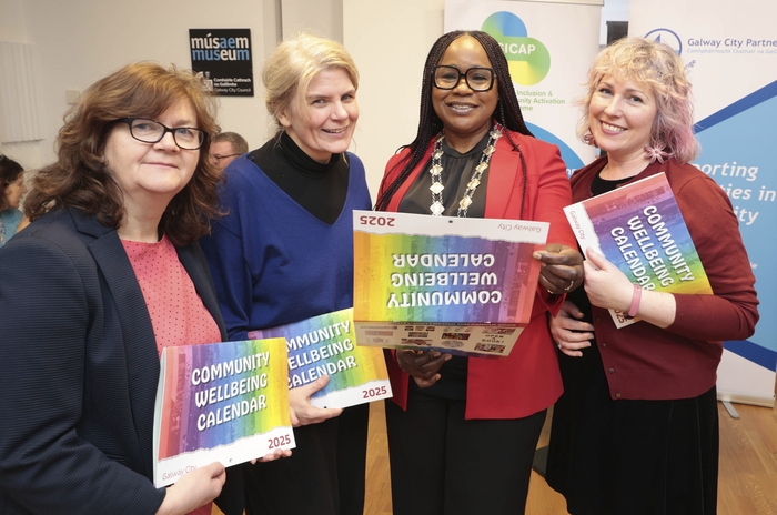 Deputy Mayor Cllr Helen Ogbu with Evelyn Fanning, HSE Health Promotion and Improvement, Suzanne McKane, Galway City Partnership Social Prescribing Coordinator, and Ciara Coy, Galway City Partnership attending the launch of Galway City Partnership Community Wellbeing Calendar at the Galway City Museum on Wednesday. Photo: Mike Shaughnessy Evelyn Fanning, HSE, Suzanne McKane and Ciara Coy of Galway City Partnership with Councillor Helen Ogbu at the launch yesterday of the 2025 Galway City Wellbeing Calendar.