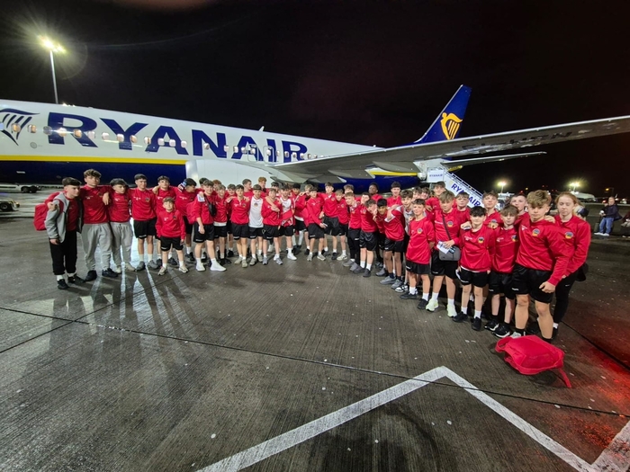 The Galway Bohemians team boarding the flight from Dublin to Agadir on November 23.