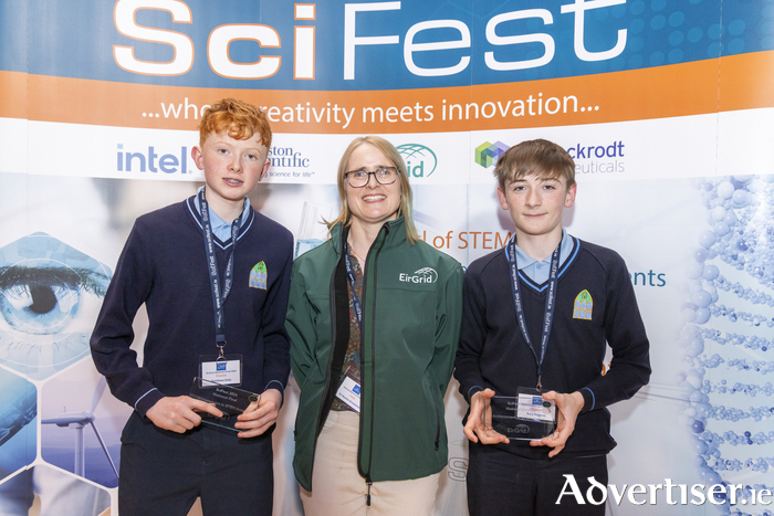 Rory Maguire and Matthew Daly, Winners of the EirGrid Cleaner Climate Grand Award with EirGrid's Dr Noelle Ameijenda at the SciFest National Final in Marino Conference Centre, Dublin.