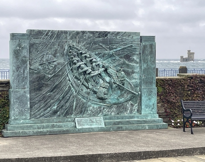 Monument commemorating the 1830 rescue of the St George's crew off the Isle of Man. In the background, the Tower of Refuge, was built soon afterwards on Conister Rock, site of the shipwreck [Photo: John Cunningham]