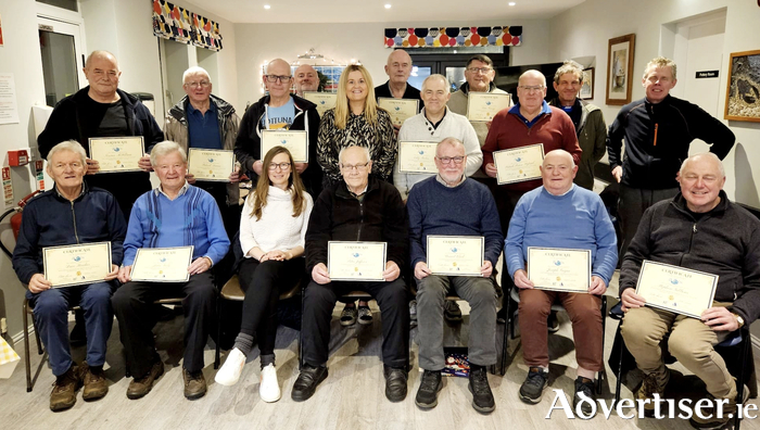 Front Row Left to Right: Dave Beecher, John Kelly, Natalia Krause, Course Instructor Chen Tai Chi Galway, Peter Jeffries, Stewart Clark, Joseph Coyne, Stephen Gibbons. Back Row Left to Right: Terence McWilliam, Padraig Duane, Donal Thorp, Tony Whelan, Michelle Harrison, Manager Carers Department HSE West and North West, Tom McWilliam, Eddy Stocker, Peter Carey, Percy Hyland, Jimmy O’Toole, Tim Gough.
