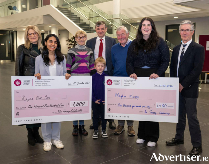 From left, Dr Siobhan Smyth, School of Nursing and Midwifery, student Rayna Cox, Mary Tarpey, Jack Tarpey, Professor Tim O'Brien, College of Medicine, Nursing and Health Sciences, Tim Tarpey, student Meghan Murphy, and Professor Sean Dineen, School of Medicine.