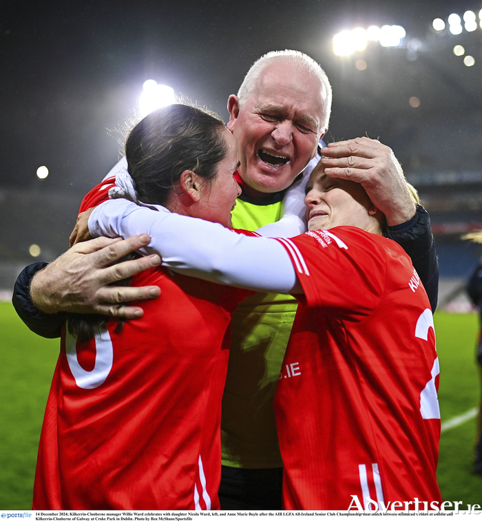 Kilkerrin-Clonberne manager Willie Ward celebrates with daughter Nicola Ward, left, and Anne Marie Boyle after the AIB LGFA All-Ireland Senior Club Championship final match between Kilmacud Crokes of Dublin and Kilkerrin-Clonberne of Galway at Croke Park in Dublin.