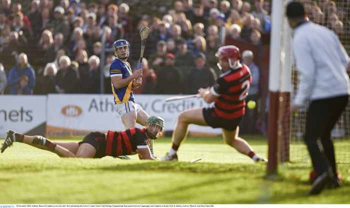 Anthony Burns of Loughrea scores his side's first goal during the Galway County Senior Club Hurling Championship final against Cappataggle at Kenny Park in Athenry, Galway. Photo by Tom Beary/Sportsfile.