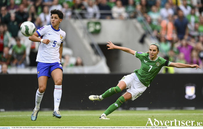 Galway United's Julie-Ann Russell of Republic of Ireland scores her side's second goal during the 2025 UEFA Women's European Championship qualifying group A match against France at Páirc Uí Chaoimh in Cork. Photo by Stephen McCarthy/Sportsfile