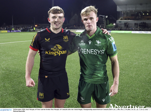 Jack Murphy of Ulster and his brother Ben Murphy of Connacht after the United Rugby Championship match between Connacht and Ulster at the Dexcom Stadium in Galway. 
Photo by John Dickson/Sportsfile