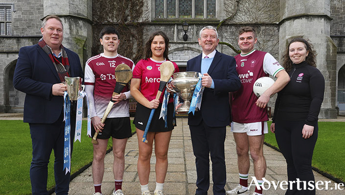 From left, Des Ryan, Director of Sport at the University of Galway, Niall Collins, University of Galway Senior Hurling Captain, Laura Kelly, University of Galway Camogie Club, Professor Peter McHugh, University of Galway Interim President, Colin Murray, University of Galway Senior Football Captain, and Muireann O’Reilly, University of Galway Camogie Club Chairperson. Photo: Mike Shaughnessy.