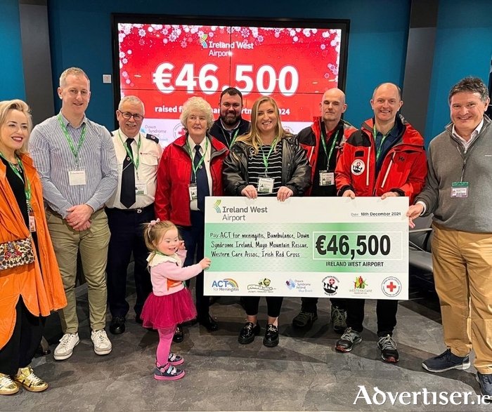 Joe Gilmore, Managing Director, Ireland West Airport (Right), pictured presenting a cheque for €46,500 to the airport's six charity partners for 2024 ACT for Meningitis, BUMBLEance, Down Syndrome Ireland (Mayo Branch), Irish Red Cross, Mayo Mountain Rescue, and Western Care Association.