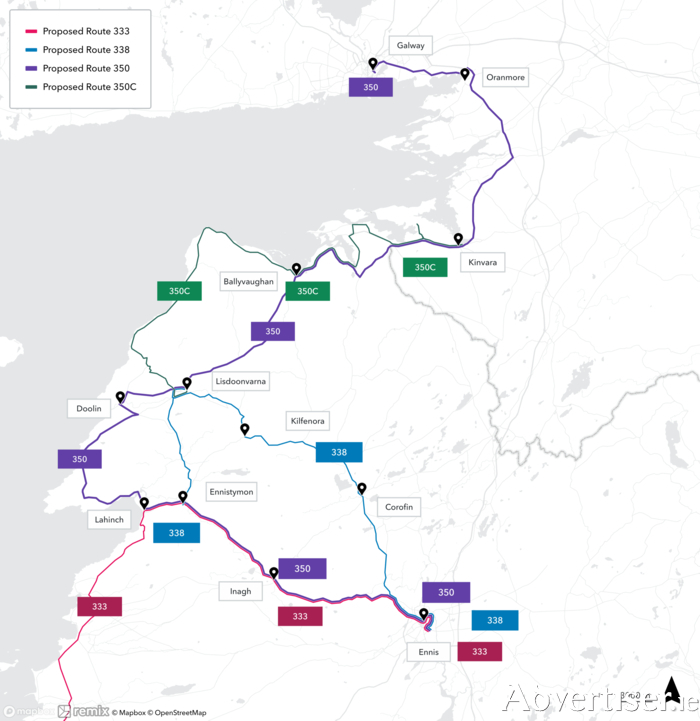 Map from the Connecting Ireland rural mobility plan shows the 350 bus route