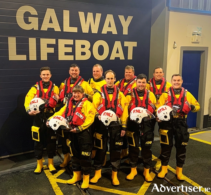 Nine new Galway RNLI volunteer crew outside the Galway Lifeboat Station. Back row, from left: Eoin Carey, Darragh Heskin, Pierce Purcell, Mark Purcell and Eoghan Donohue. Front row, from left: Erin Killeen, Stuart Deane, Máirtín Folan and Paddy Hennelly.