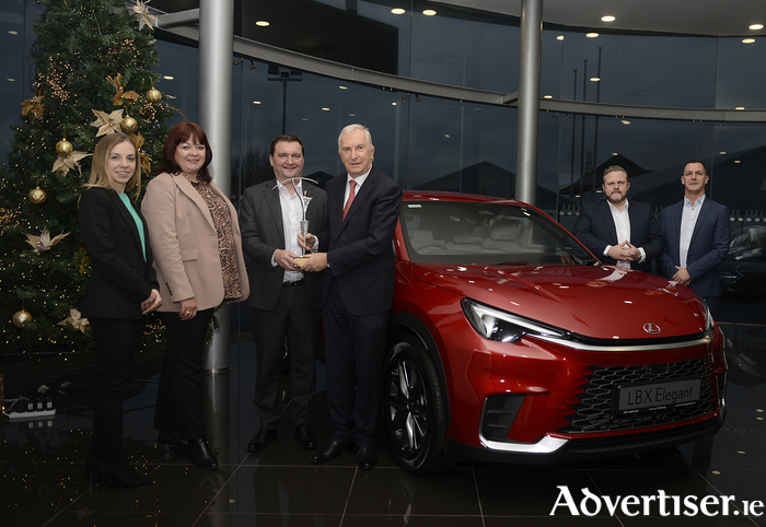 Pictured at the presentation of the award are, l-r: Inga Juozunaite – Lexus Business Manager, Aine Tierney, Lexus Galway Host, Ian Corbett, Head of Lexus Ireland, Tony Burke – Dealer Principal Lexus Galway, Enda Brennan, Lexus Galway Sales Manager, James Ryan Lexus Galway Sales Executive.