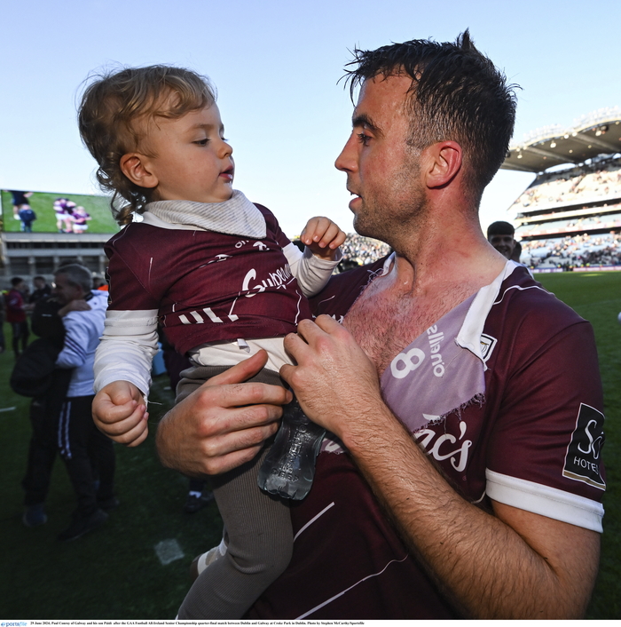 Paul Conroy of Galway celebrates with his son P&aacute;id&iacute; after the quarter-final win over Dublin.